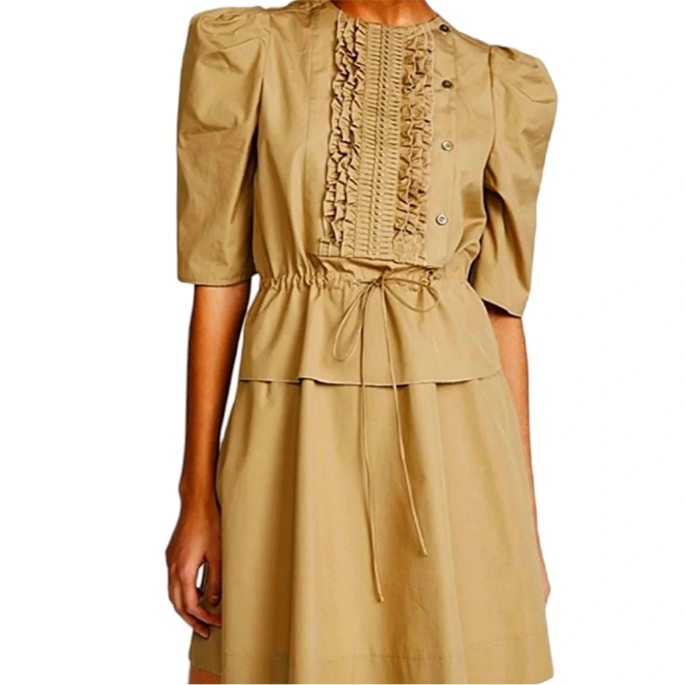 SEE BY CHLOÉ Khaki Puff-shoulder Cinched-waist Tie Ruffle Dress Size 8 - Picture 2 of 6